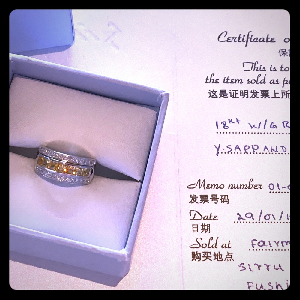 18k White Gold Ring w/ Yellow Sapphires & Diamonds